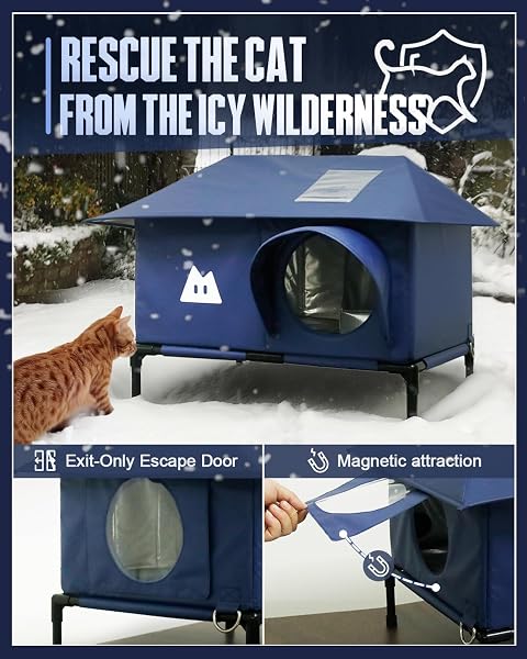 HEATED OUTDOOR CAT HOUSE FOR OUTSIDE CAT IN WINTER,UPGRADED 100% WEATHERPROOF,SPACIOUS INTERIOR,2 DOORS,NAME POCKET,HEAVY-DUTY INSULATED FERAL CAT SHELTER FOR STRAY BARN KITTEN(BLUE,28″X16″X14.5″)
