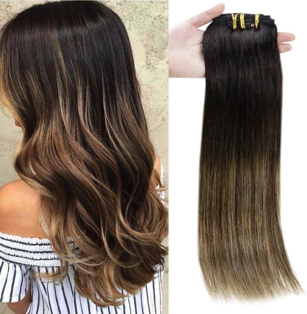 Full ShineClip in Hair Extensions Real Human Hair Ombre Black to Light Brown Mix Honey Brown Remy Human Hair Extensions Clip ins Real Hair Extensions Straight Double Weft for Women 20 inch 7pcs 120g