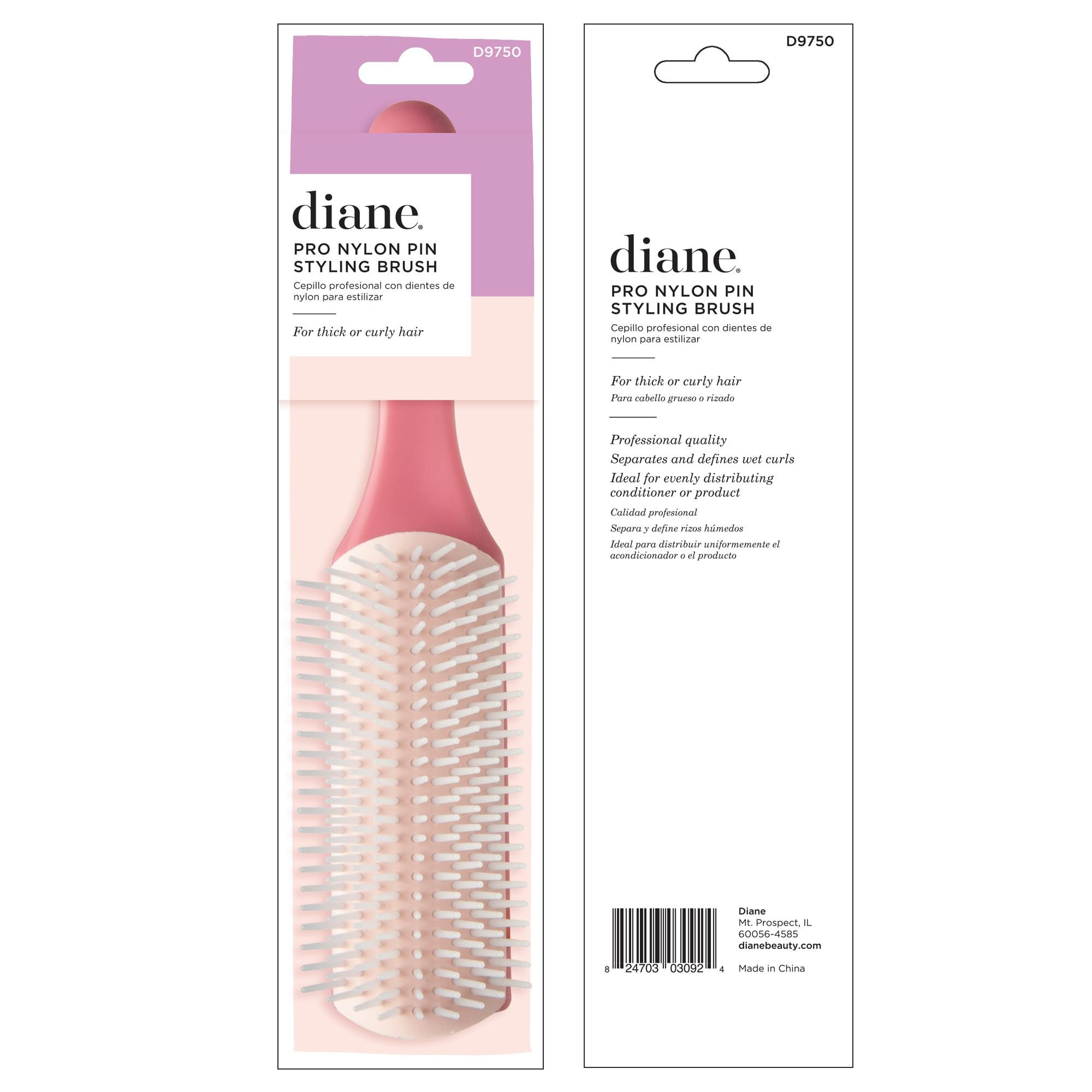 Diane Pro Nylon Pin 9 Row Styling Brush for Detangling, Separating, Shaping, and Defining Wet or Curly Hair, Heat-Resistant, Anti-Static, Pink