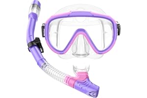 Seovediary Kids Snorkel Set, Anti-Fog Panoramic Tempered Glass Kids Snorkel mask, Anti-Leak Scuba Diving Mask with Mesh Bag, Dry Top Snorkeling Gear for Kids and Youth Age 4-16