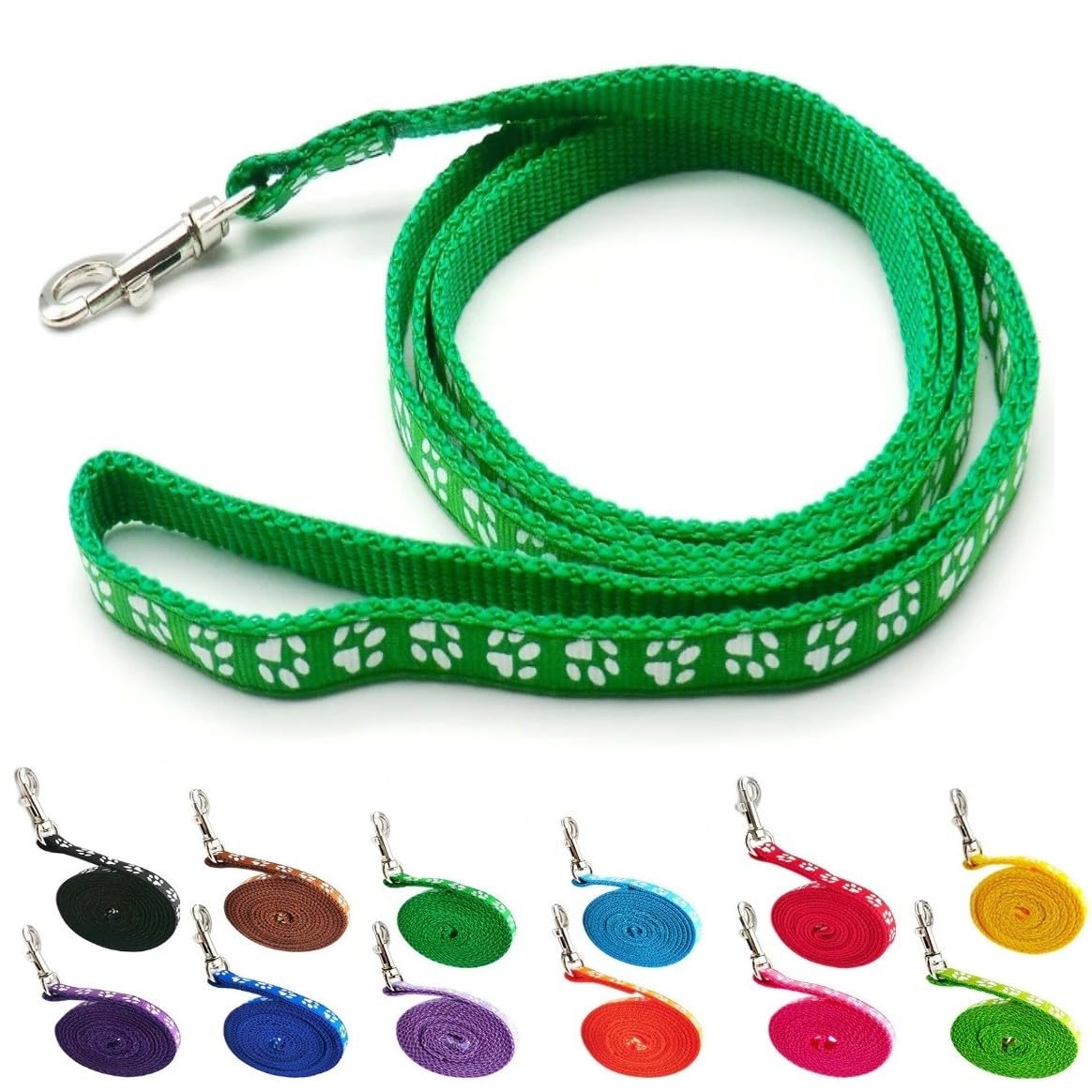 Small Dog Puppy Pet Cat Kitten Lead Pawprint Design Lightweight Nylon Metal Clip 120cm Leash Green