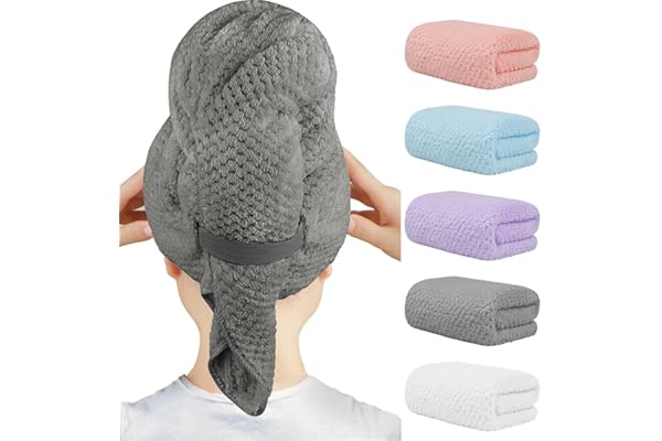 HOMEXCEL 5 Pack Large Microfiber Hair Towel Wrap for Women, Super Soft Hair Drying Towel, Fast Drying Hair Turbans for Wet Ha
