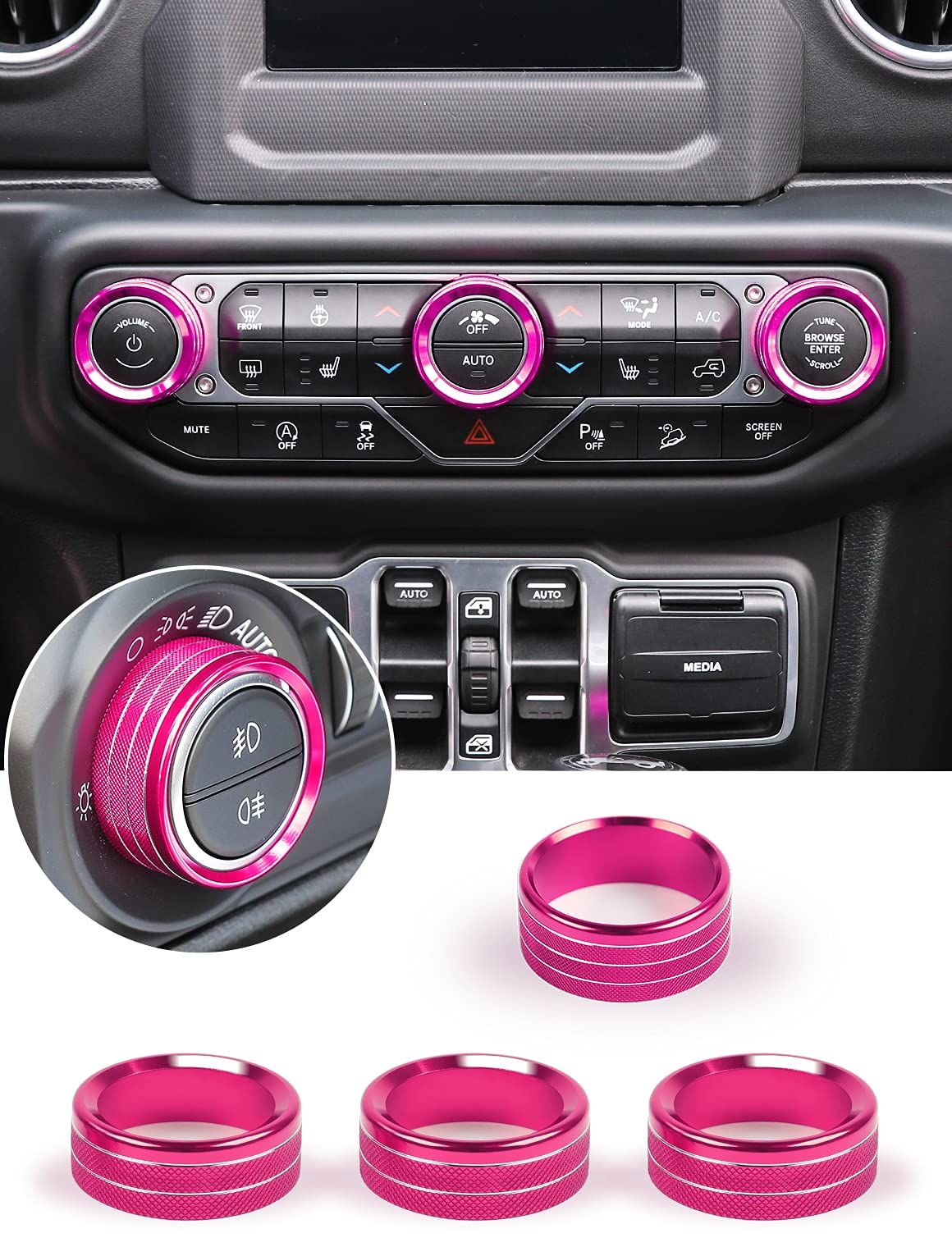 Photo 1 of Savadicar HVAC Climate Control Panel Knob Trim Kit & Light Control Switch Cover, Air Conditioner Knob Aluminum Alloy Ring for 2018-2024 Jeep Wrangler JL JLU & Gladiator JT, Interior Accessories, Pink