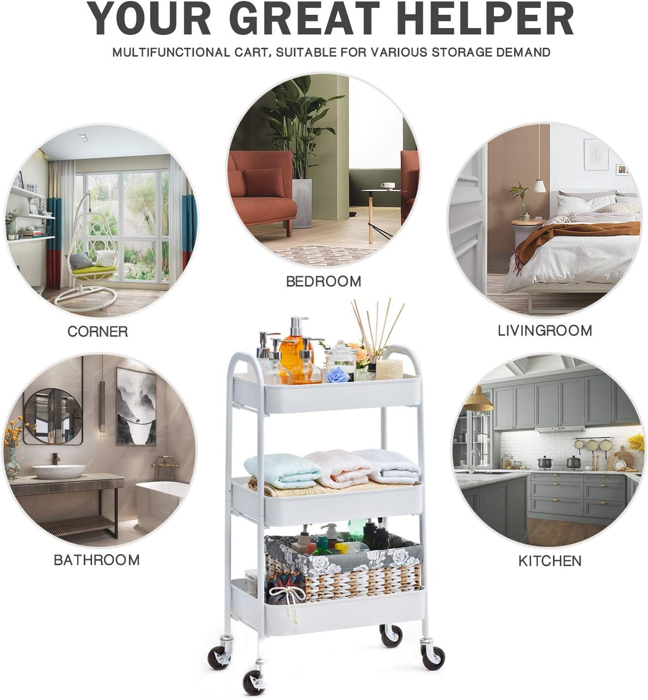 TOOLF 3 Tier Rolling Cart, No Screw Metal Utility Cart, Easy Assemble Utility Serving Cart, Sturdy Storage Trolley with Handles, Locking Wheels, for Classroom Office Home Bedroom Bathroom, White : Office Products