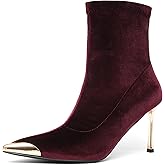 NEWBELLA Women's Ankle Boots Pointed Toe Stiletto Heel Metal Cap Toe Booties for Party Club
