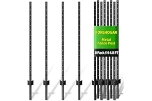 FOREHOGAR Metal Fence Post Black 4.8 feet, Pack of 8, T Posts for Wire Fence, No Dig Steel U Posts Fencing for Lawn Garden Wire Mesh Fence Poles Sign Outdoor Light Duty