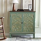 Ahokua Vintage Sideboard Wood Accent Cabinet with Door, Handcrafted Storage Cabinet with Accents-Gold, Antique Green Credenza