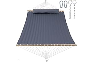 GAFETE Double Quilted Fabric Hammock with Spreader Bar, 14ft Hammocks 2 Person for Outside, Fits 12ft -14ft Hammock Stand, Large Pillow & Side Pockets & Carabiners, Max 475 lbs Capacity (Gray)