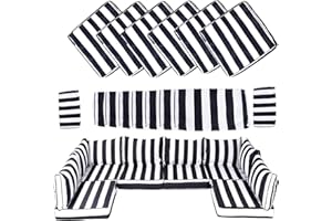 SPACEHOP 14 Piece Outdoor Patio Cushion Cover Replacement, Waterproof Outdoor Patio Cushion Covers, Outdoor Furniture Cushion Covers Set For 6 Seat Wicker Rattan Sofa (balck+white striped, 25.6*25.6*4 inch)
