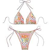 QJQ Women's 2 Piece Bikini Sets Floral Boho Halter Triangle Bathing Suit Tie Side Sexy Cheeky String Swimsuit