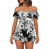 Fixmatti Women Boho Romper Off Shoulder Ruffle Chiffon Shorts Jumpsuit Playsuits
