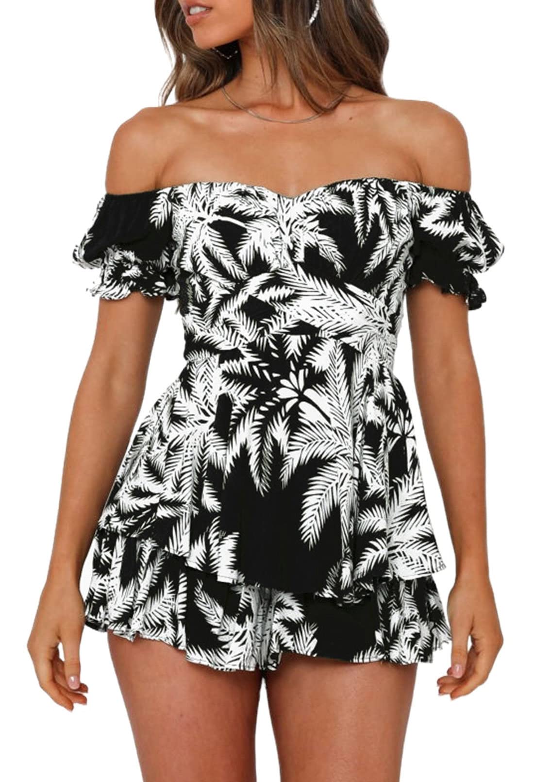 Photo 1 of Fixmatti Womens Tropical Romper Off Shoulder Floral Chiffon Shorts Jumpsuits Playsuits Black and White XL