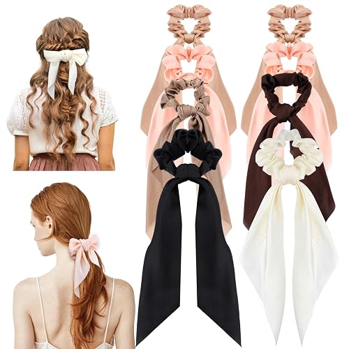 8 Pcs Hair Scarf Scrunchies for Women 6 Color Silk Scrunchies with Bows Satin Bow Hair Ties Elastic Hairs Accessories Suitable Ladies Gifts 15.35" Satins Chiffon (Khaki Pink Dark Brown Black White)