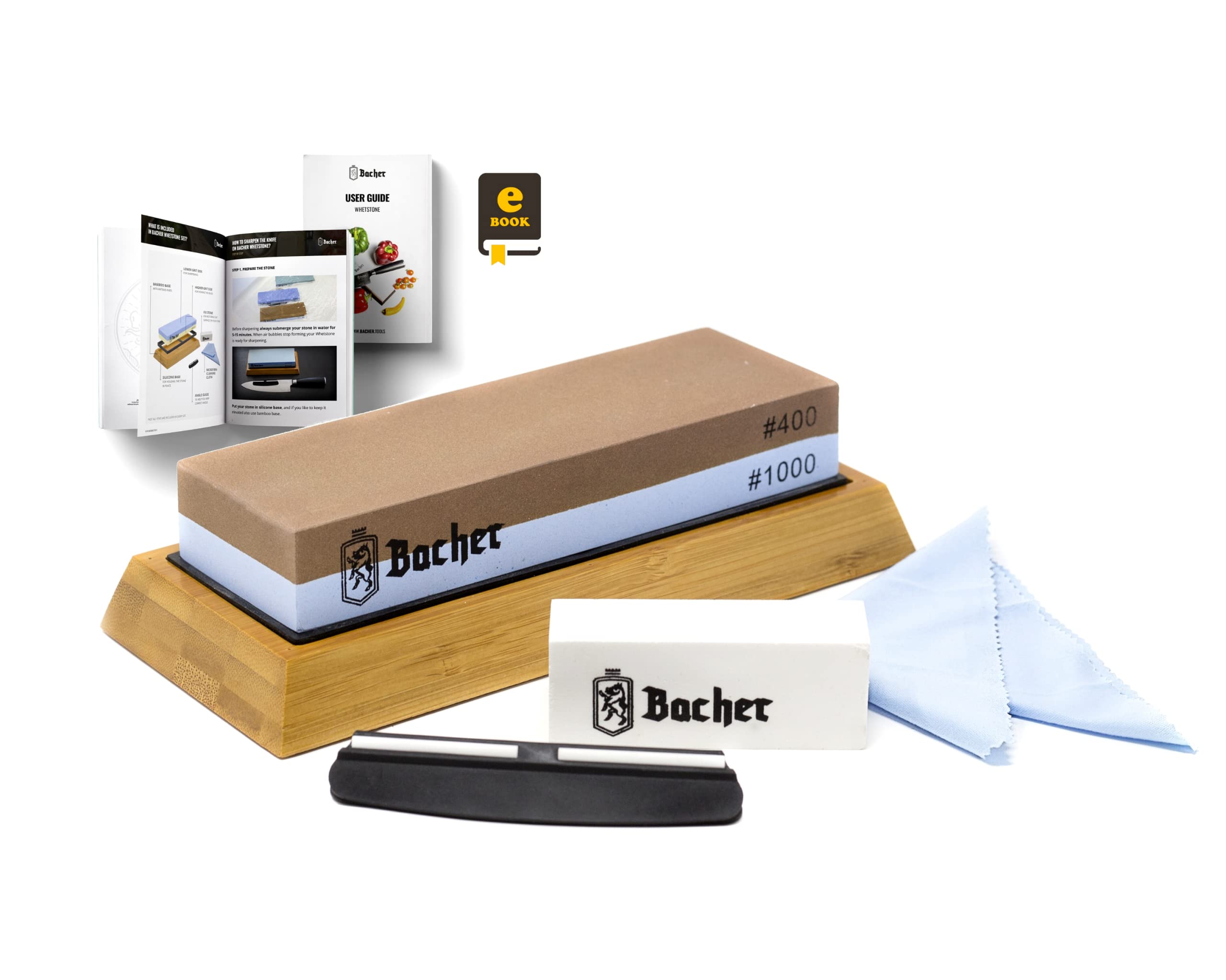 Bacher Premium Sharpening Stone. 2 Side Grit 400/1000 Whetstone- Knife Sharpener Waterstone with Non-Slip Bamboo Base, Flattening Stone, Angle Guide and Detailed eBook Guide