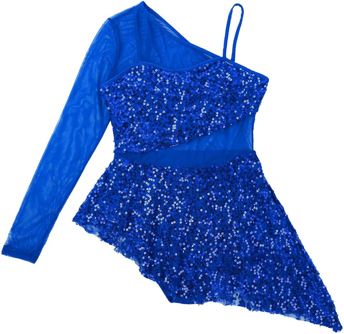 TiaoBug Women's Figure Ice Skating Dress Single Long Sleeve Shiny Sequin Asymmetric Ballet Dance: Clothing