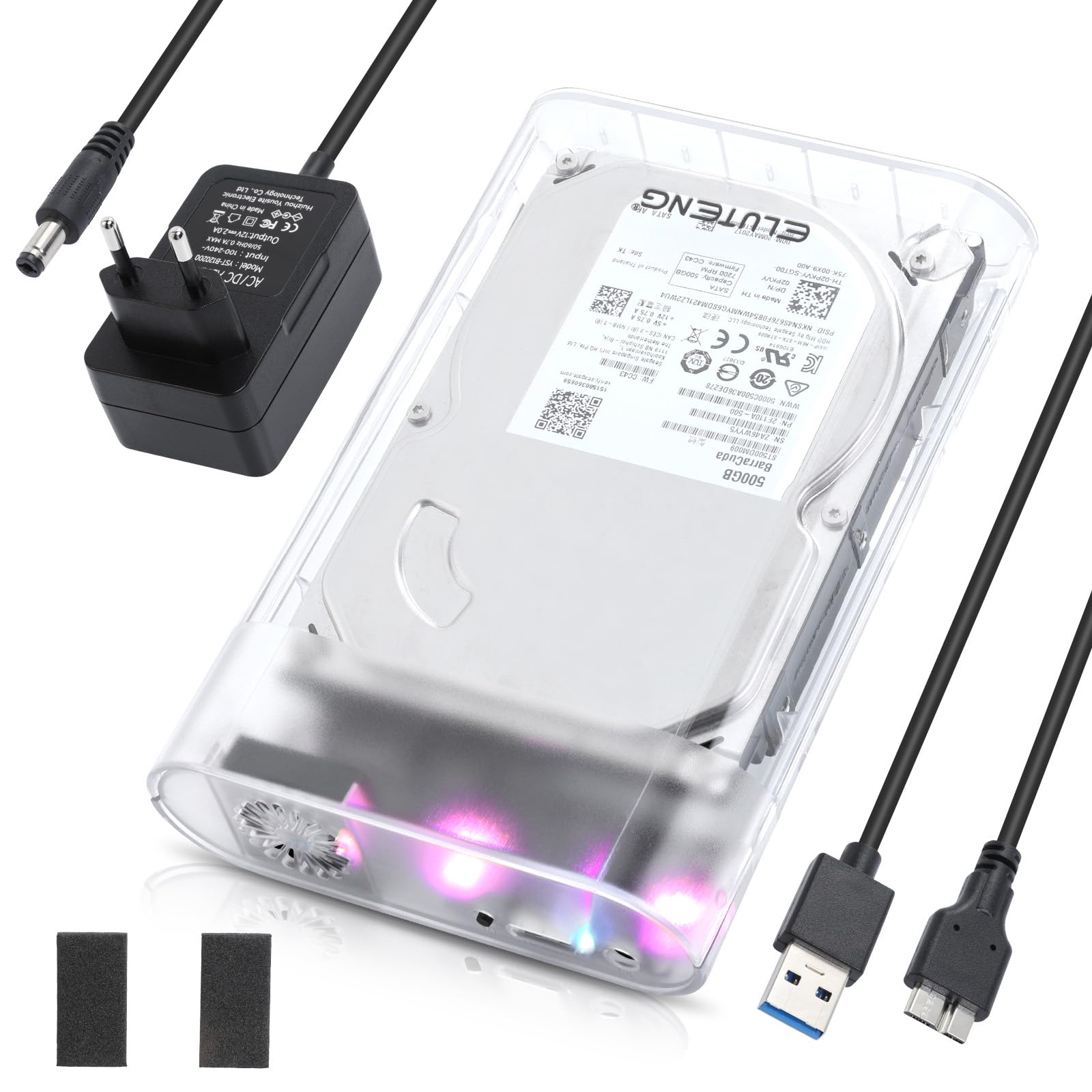 ELUTENG Festplattengehäuse 3,5 Zoll 5Gbit/s USB 3.0 Externes Festplatten Gehäuse für 3,5 2,5 Zoll SATA SSD HDD bis zu 24TB, Externe SSD Gehäuse mit 12V/2A Netzteil, Unterstützung UASP Trim
