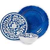 Yinshine Melamine Dinnerware Set,12pcs Plates and Bowls Set - Blue | Dinner Dishes Set for 4 for Indoor &amp; Outdoor Use- Dishwasher Safe, Unbreakable,Lightweight