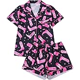 WDIRARA Women's 2 Piece Boots Graphic Pajama Set Pocket Patched Button Down Shirt with Shorts Satin Sleepwear