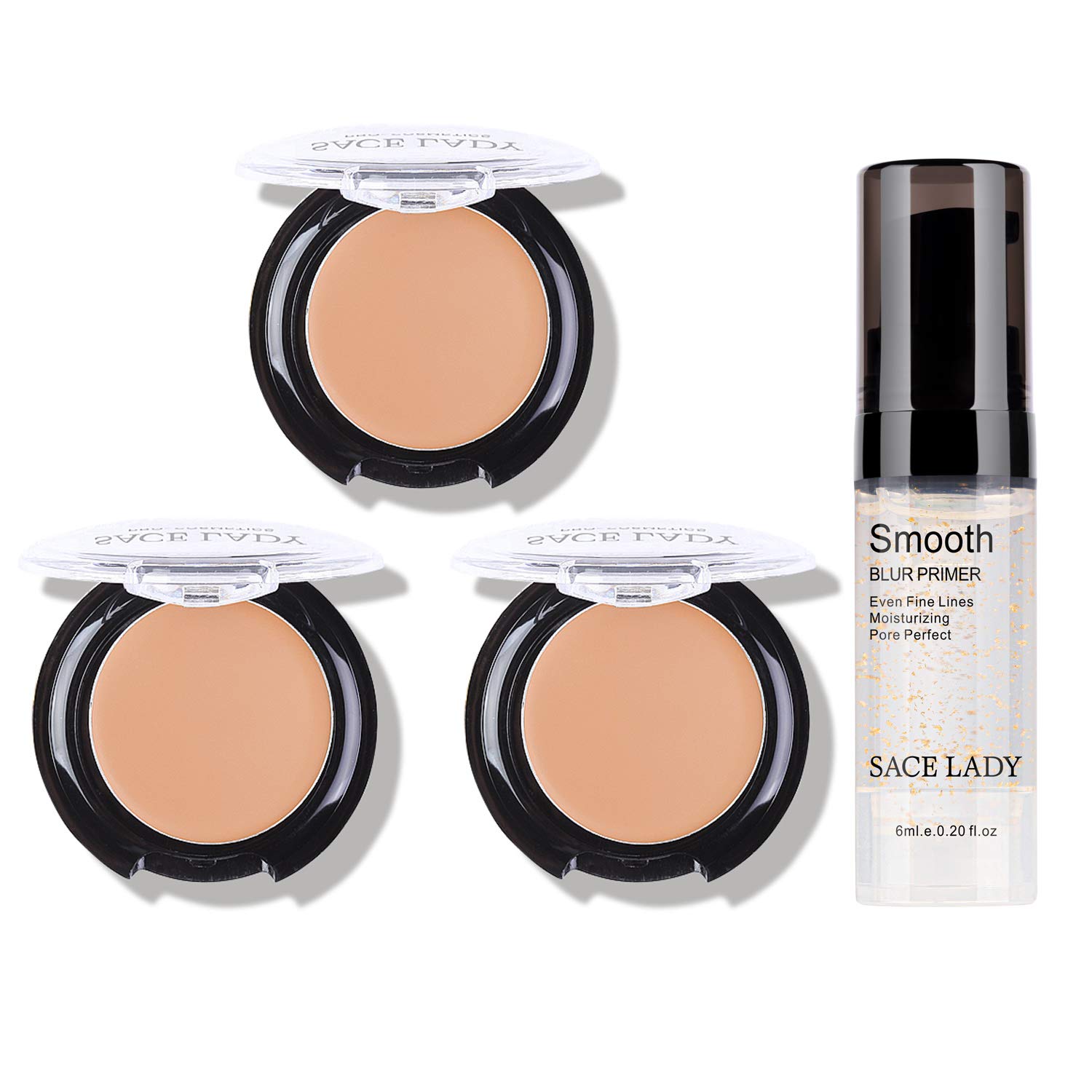 3 Pack Full Coverage Concealer Cream Makeup & 1PC Pore Minimizer Face Foundation Primer, Waterproof Matte Smooth Concealer Corrector for Dark Spot Under Eye Circles, 3×6g/0.2Oz (#40 Natural)
