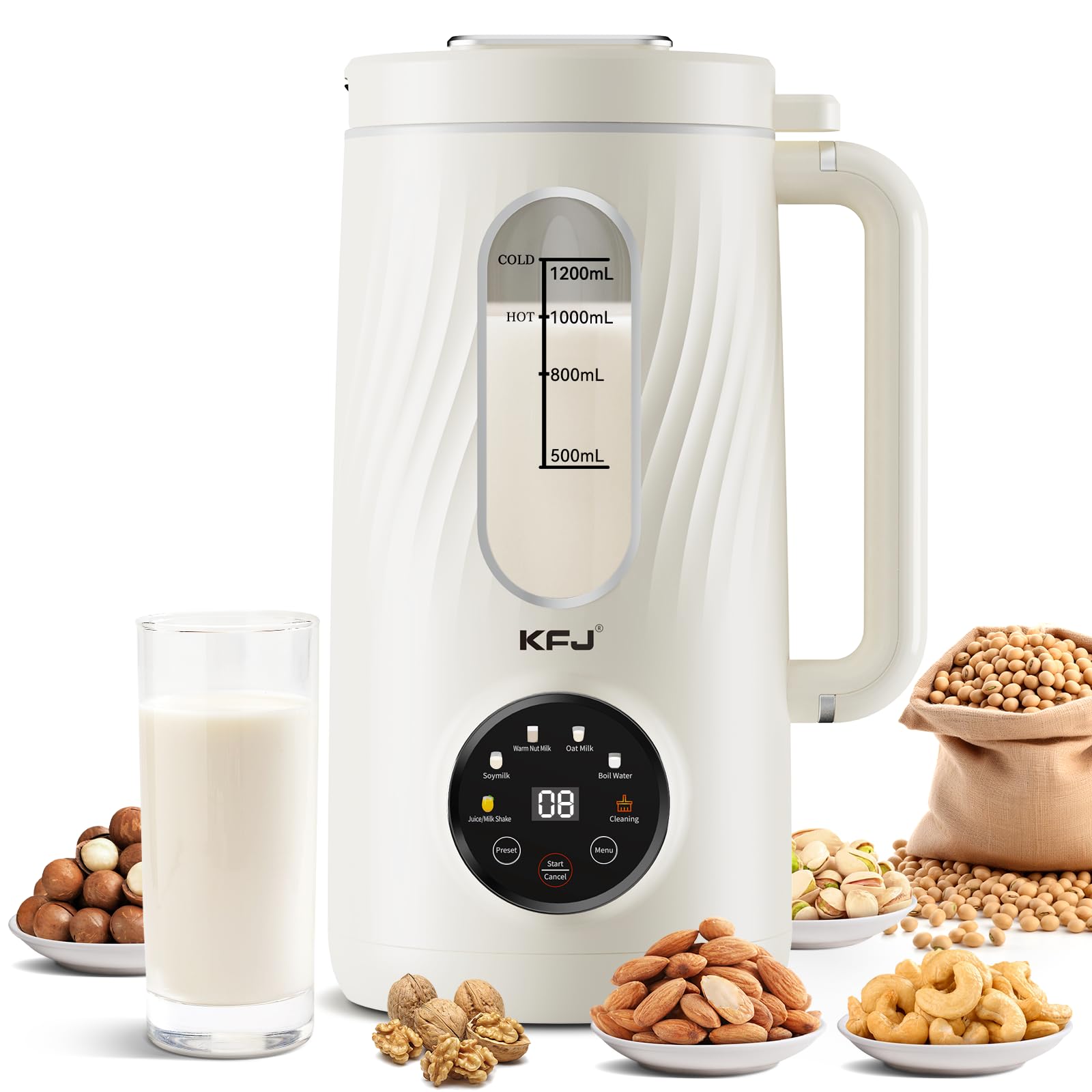 KFJ Máquina para hacer leche de nueces 8 en 1, 41 oz de coco casero, soja, avena, almendras, leches a base de plantas y bebidas no lácteas con inicio retardado/hervir agua/autolimpieza, color blanco