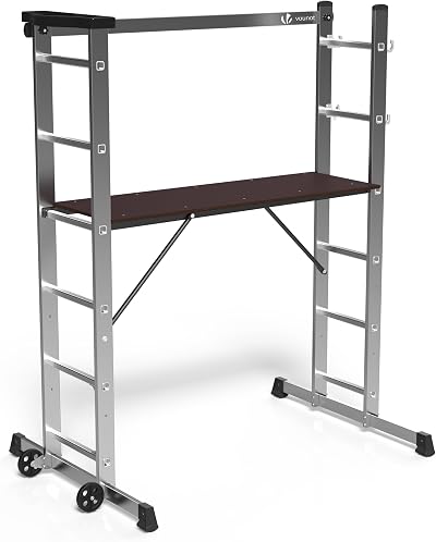 VOUNOT 3-in-1 Aluminium Scaffolding Ladder with Work Platform 120x40 cm