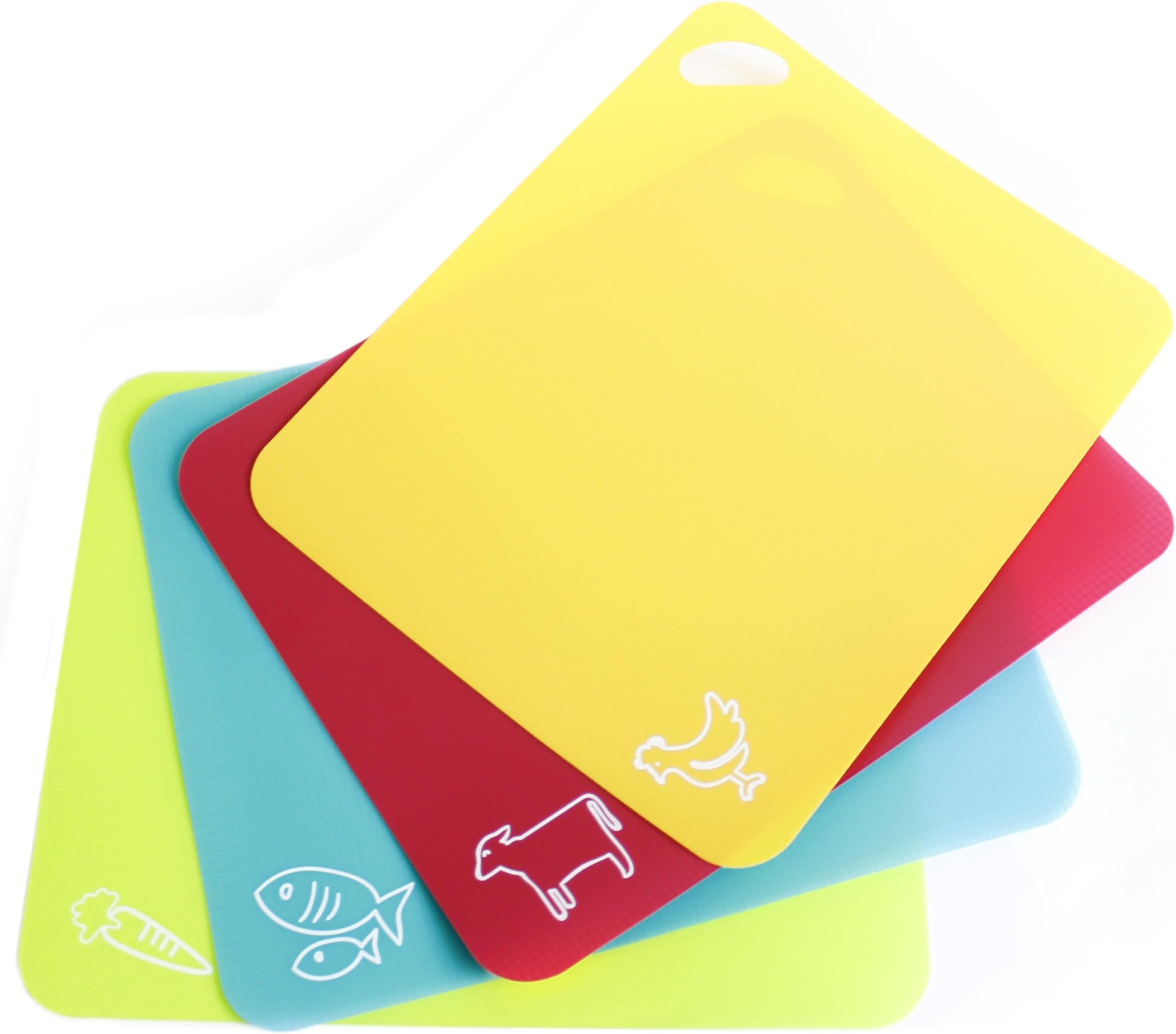 Neoflam 15'' 4pc Thick Flexible Coded Cutting Board Mats Set with Food Icons Slip Waffle Back Grip, BPA Free, Non-Porous, Dishwasher Safe for Kitchen Prep, One Size, Multicolor
