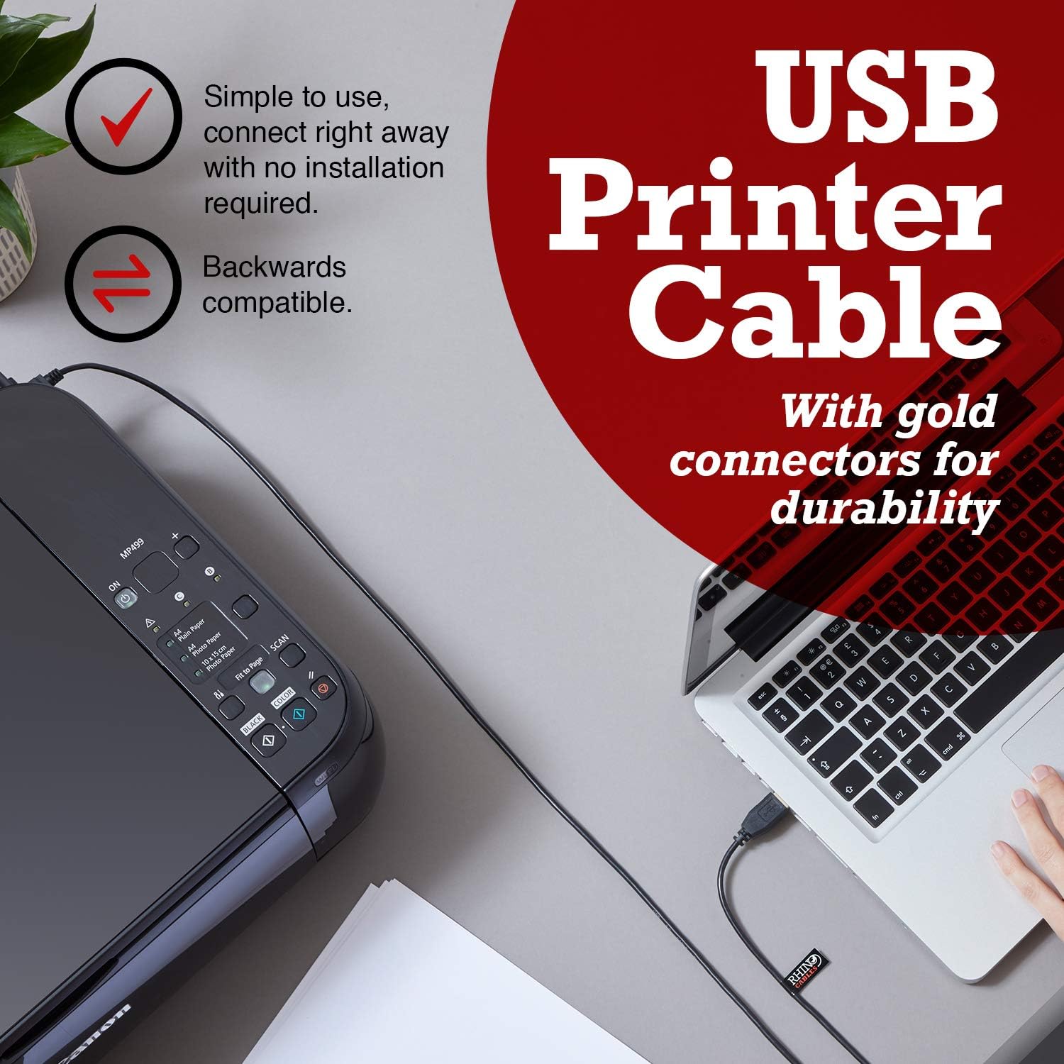 rhinocables USB 2.0 Printer Cable, Gold,Black, 0.5m - Image 3