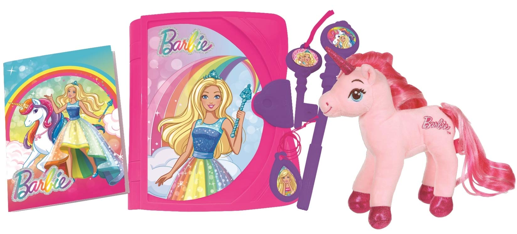 LEXIBOOK SD15BBY Mattel Barbie, Electronic Secret Diary with Light and Sound, Unicorn Plush, Notebook, Magic Key, Pen and Medallion, Toy for Girls, Pink/Purple
