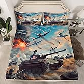 Tank Aircraft Fitted Sheet Twin Size,Modern Military Theme Bedding Set 2Pcs for Kids Boys Teens Men Room Decor,Flying Airplane Bed Sheet Cool Army Green Tank Deep Packet Sheet,1 Pillowcase