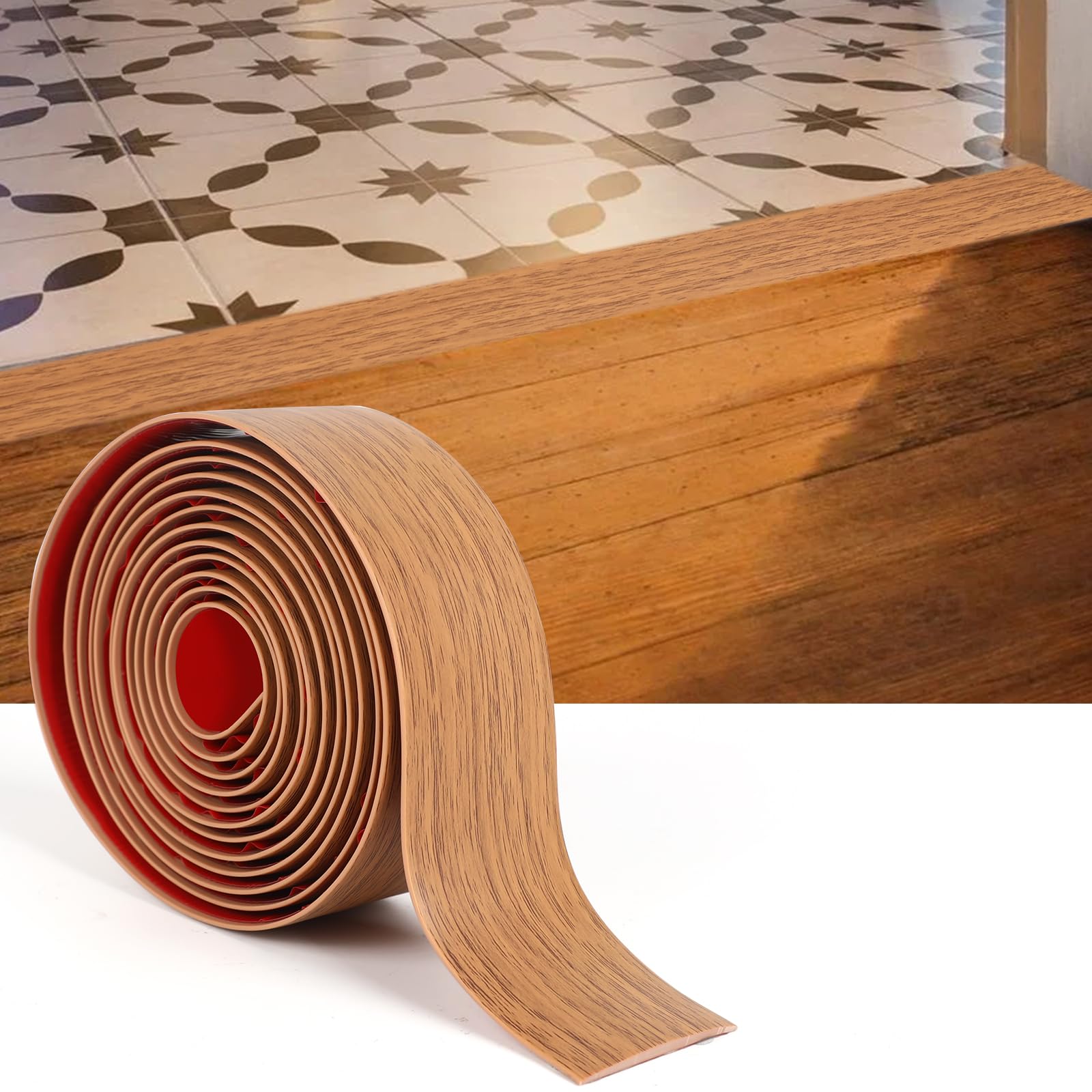 Photo 1 of 2" x 20Ft Floor Transition Strip Self-Adhesive Cover Strips, Threshold Floor Gap Vinyl Flooring Transitions Strip Laminate Floor Flat Divider Strip for Gaps Carpet Threshold Tiles-Brown Wood Grain