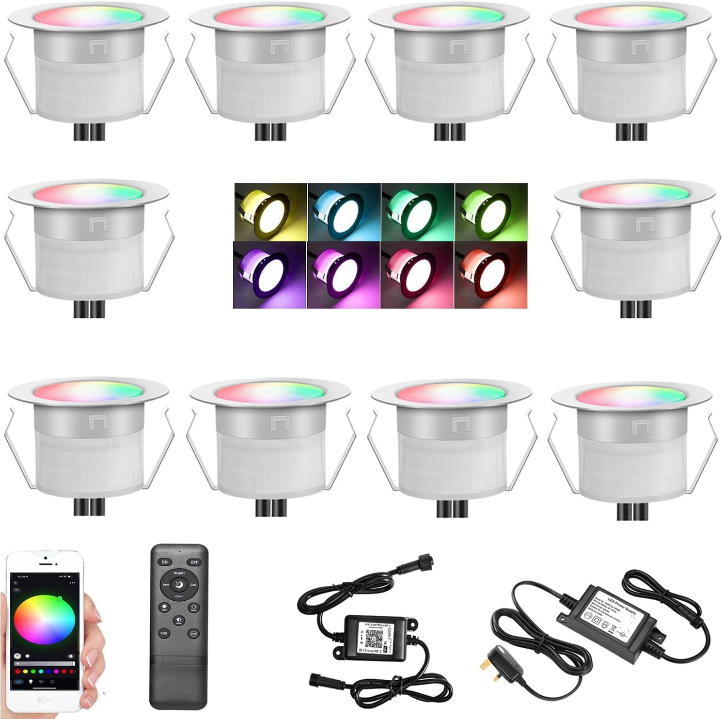 GEYUEYA Home WiFi LED Decking Lights, Ø31MM RGBWW(Warm White+RGB) Phone Control Low Voltage Recessed Deck Lighting for Terrace Patio Path Wall Garden Decoration- 10 Packs