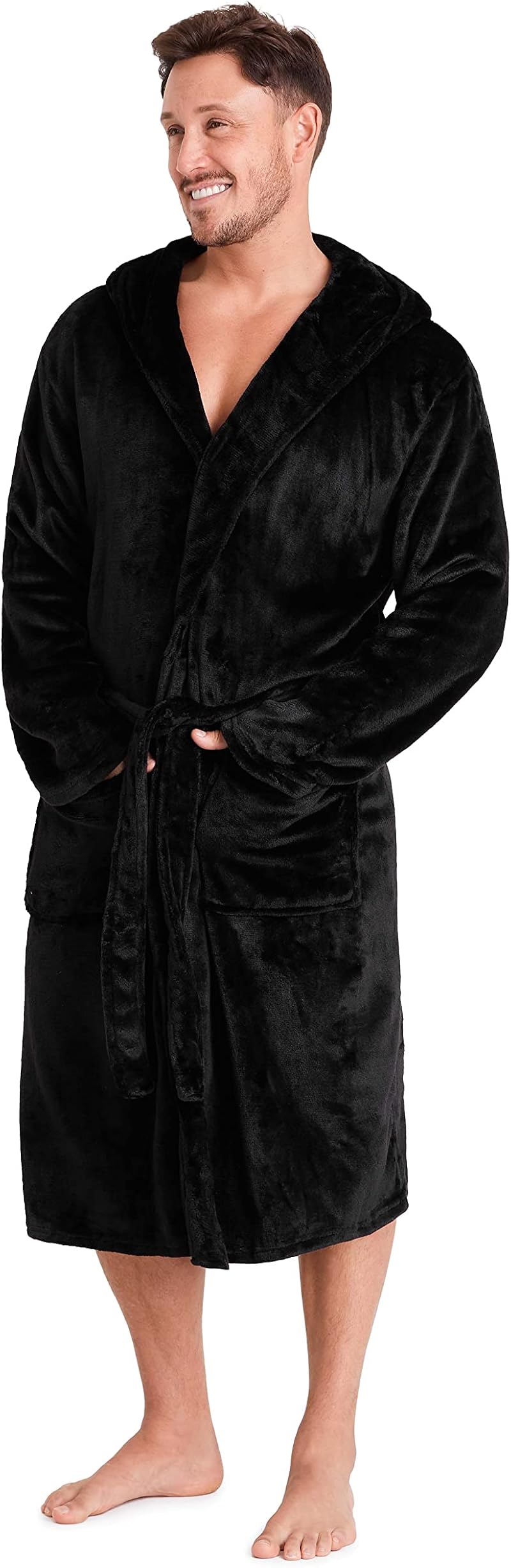 CityComfort Mens Fleece Robe with Hood, Super Soft Bathrobe L Black