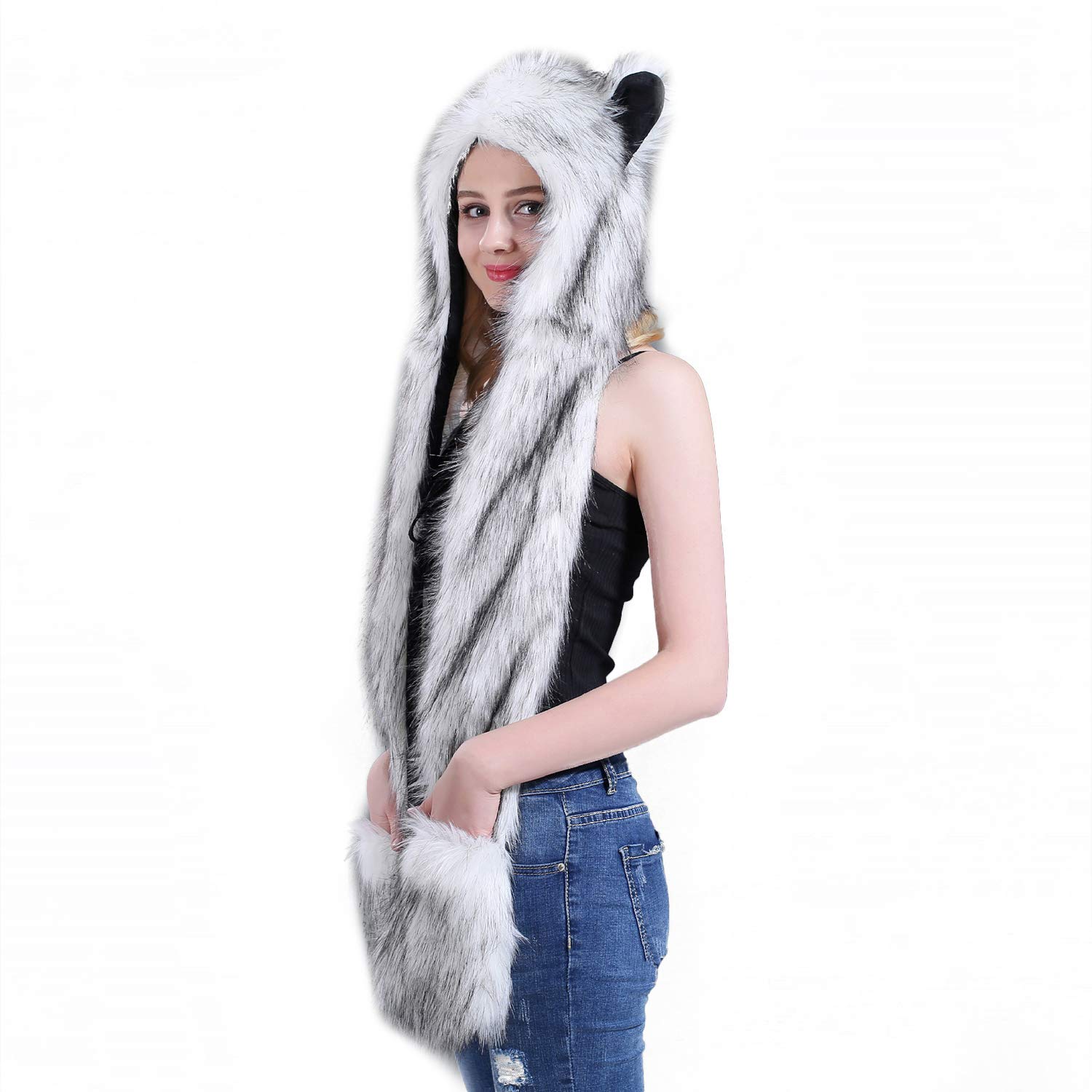 Women Girl Faux Fur Husky Hat Mittens Winter Cute Warm