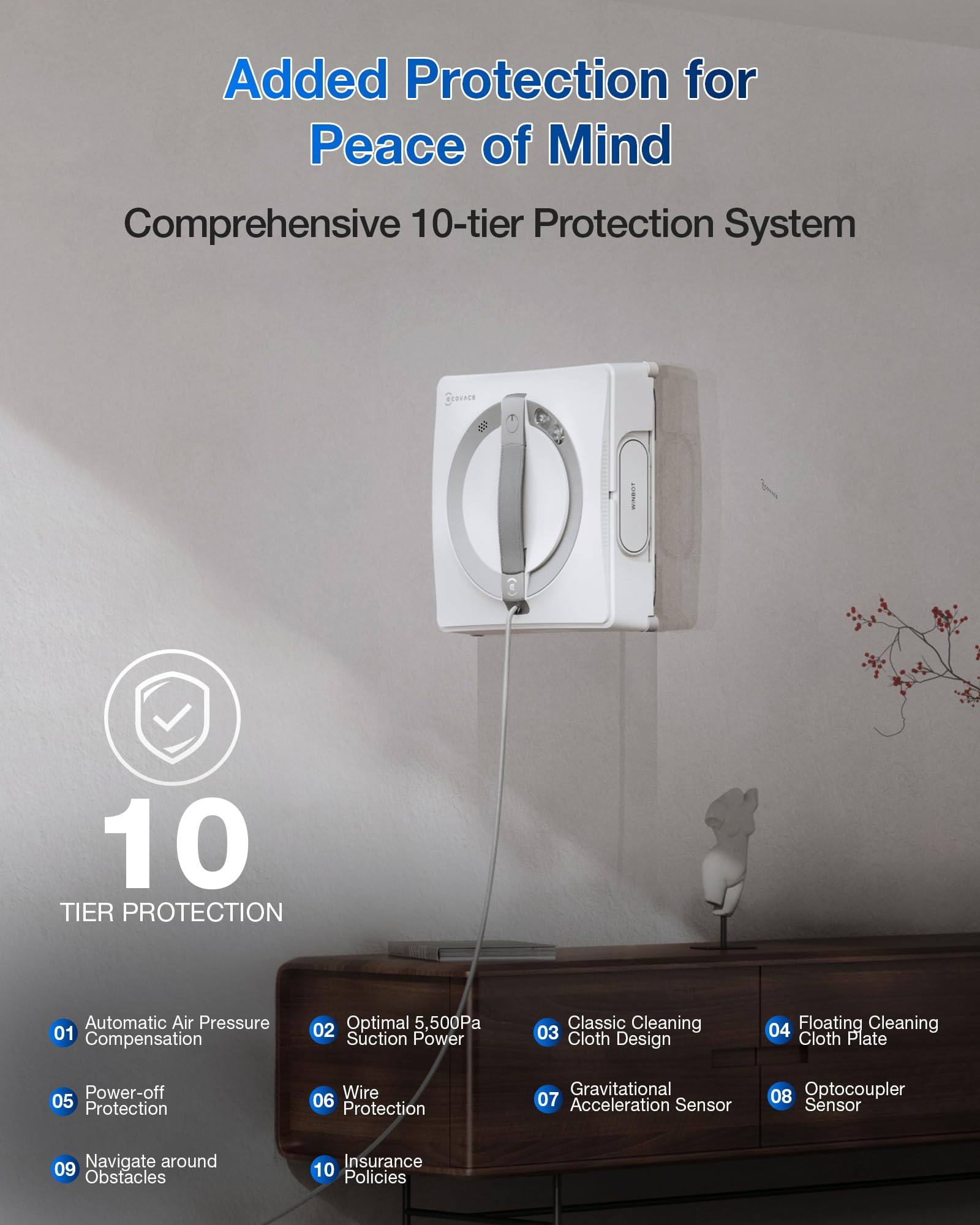 ECOVACS WINBOT W2 PRO Robot limpiacristales, pulverizador de agua de 3 boquillas, sistema de protección de 10 niveles, planificación de ruta Win-SLAM 4.0, sistema de escalada constante, detección de bordes, control de aplicaciones