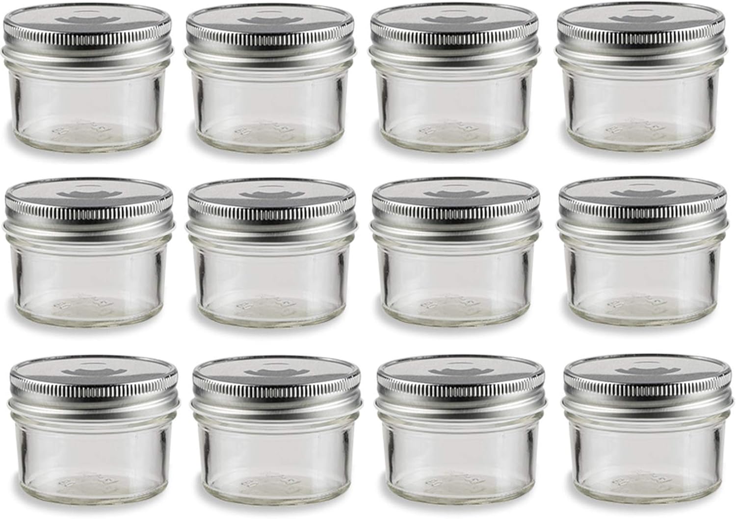 Nakpunar 12 pcs, 4 oz Glass Mason Jars with One Piece Silver Plastisol