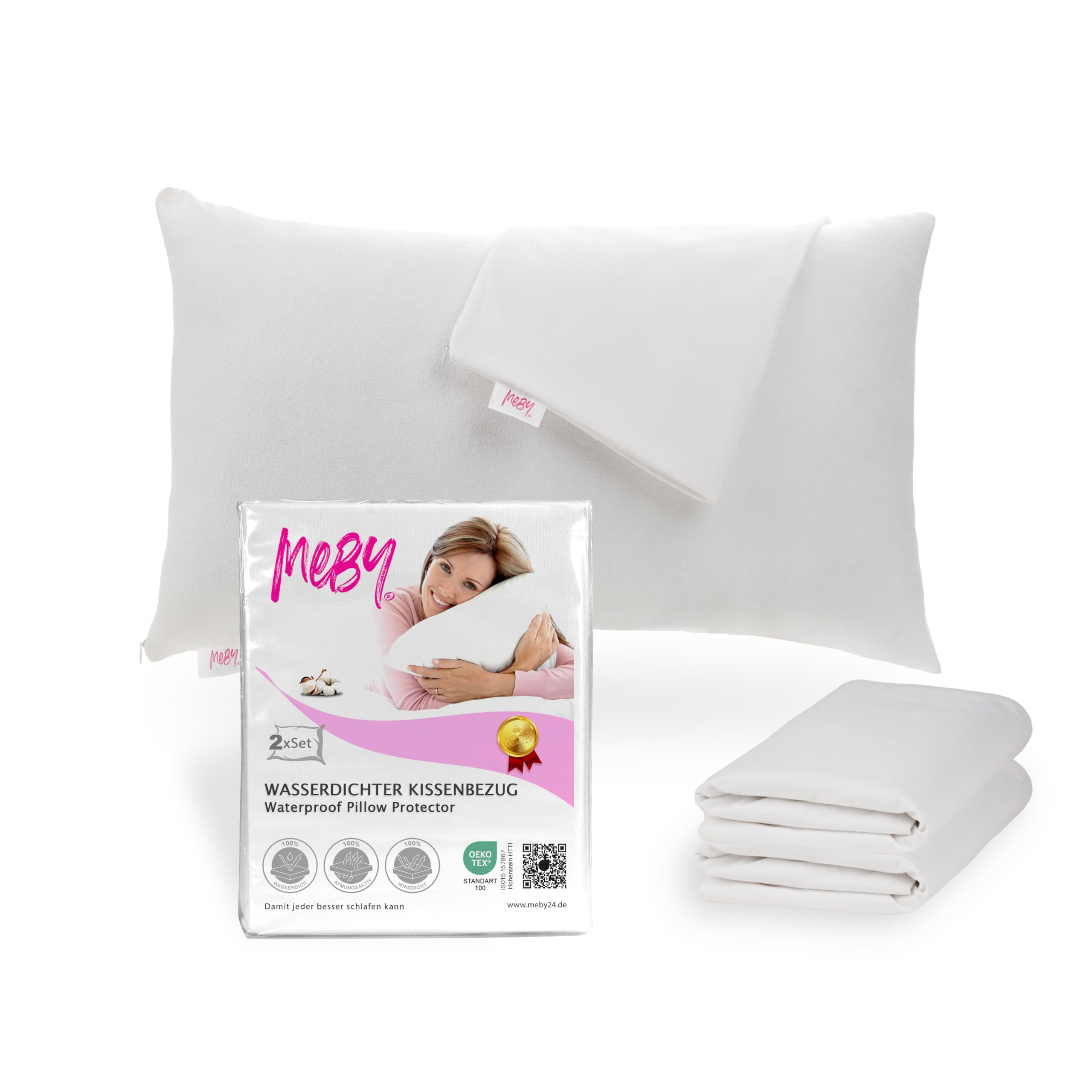 Set of 2 Waterproof Cotton Pillow Protectors with Hidden Zipper. Breathable Pillow Protector, Moisture Protection, Elastic, White (40 x 60 cm)