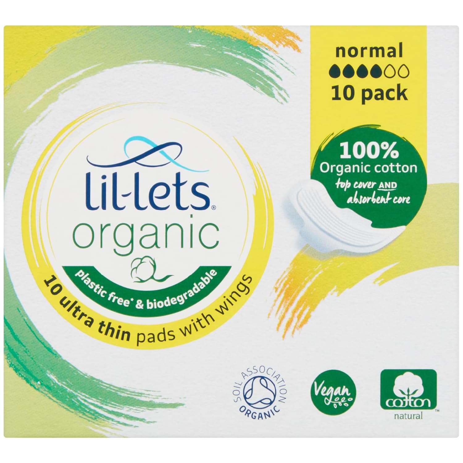 Lil-Lets Organic Cotton Normal Pads, 10 Count, Ultra Thin, with Wings, for Light to Medium Flow, GOTS Certified, Plastic Free, Biodegradable, 100% Organic Cotton Top Cover and Absorbent Core