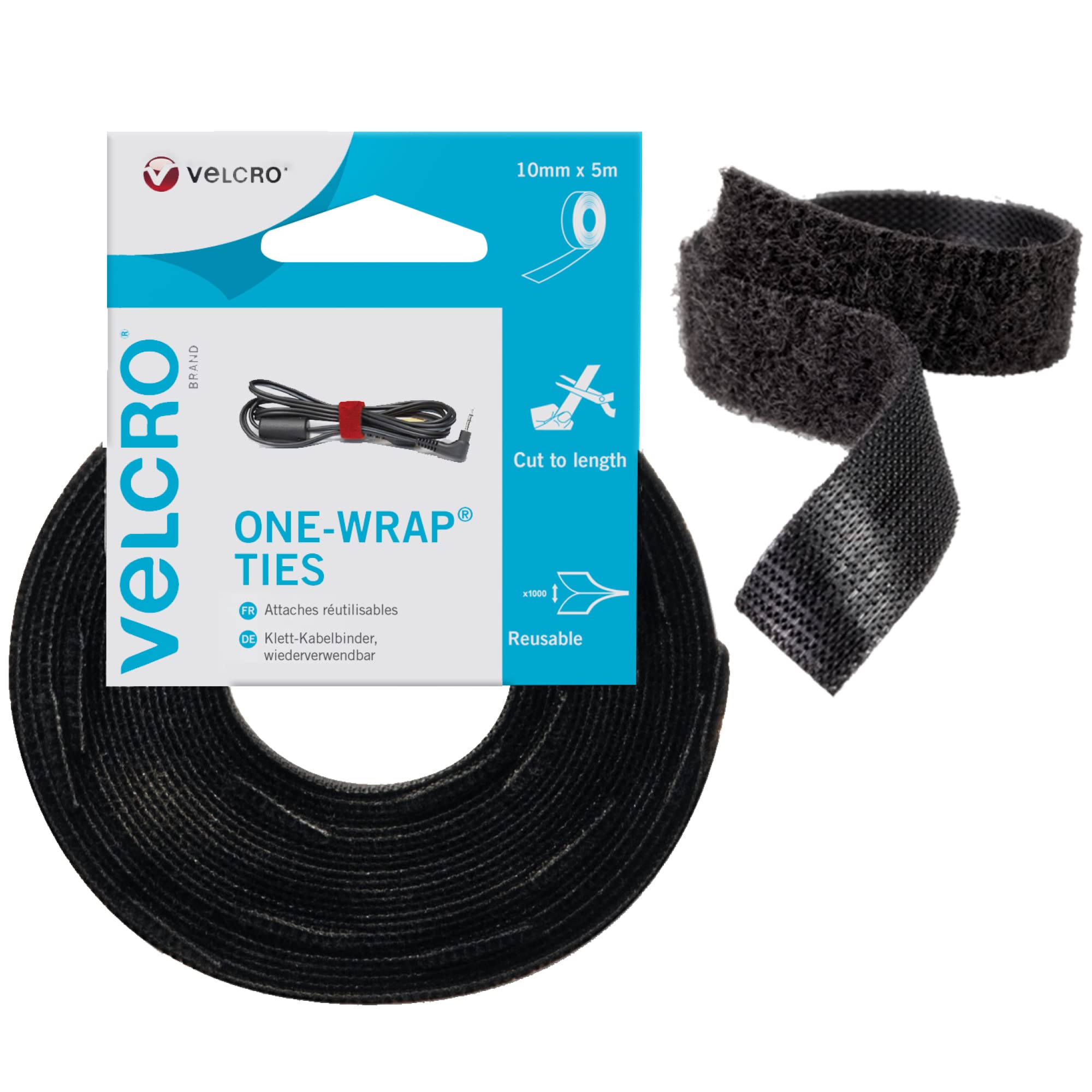 VELCRO Brand | One-Wrap Reusable Ties | Multi-Purpose Ties Perfect Desk Accessories for Cable Management & Home Improvement | Black | 10mm x 5m