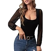 OYOANGLE Women's Long Sleeve Mesh Tight Shirts Scoop Neck Dressy Casual Sheer Blouses
