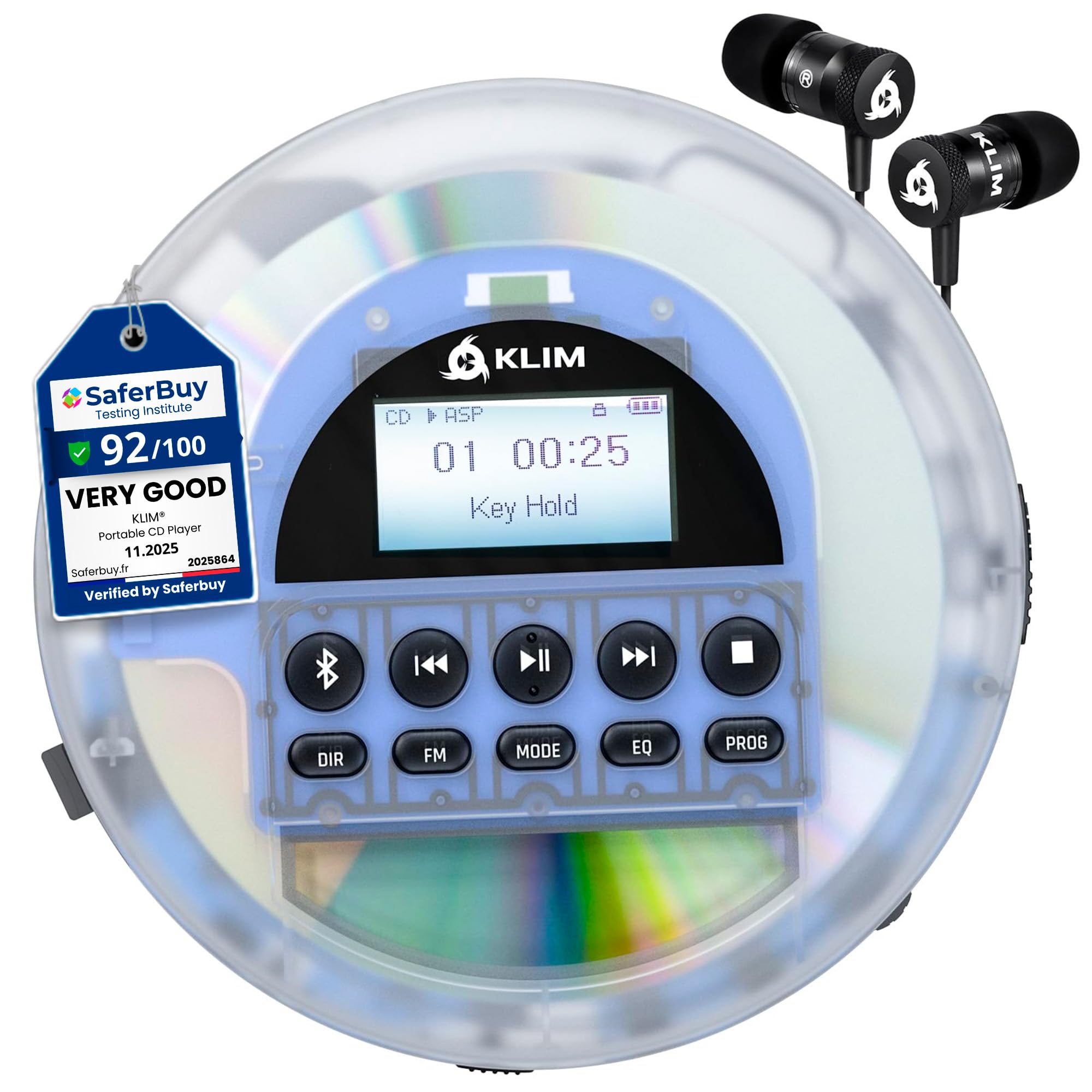 KLIM Nomad Transparente - Nuevo - Reproductor CD Portátil Walkman con Batería de Larga Duración - Incluye Auriculares - Radio FM - Reproductor CD MP3 Portátil - Tarjeta TF Radio FM Bluetooth - Ideal para Coches
