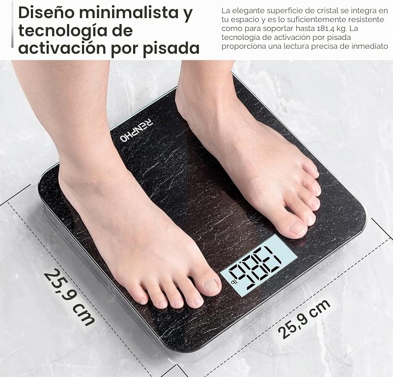 Balança de banheiro renpho com sensores de alta precisão, balança digital para pessoas com tecnologia step-on, balança de vidro de segurança, mármore