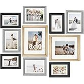 Povrgive Picture Frames Set of 10-8x10, 5x7, 4x6 Photo Frames, Gallery Frame Set for Collage Wall Decor, Wood Frame with Glass Front and Mat Options for Wall and Tabletop Display, Wood&Gray&Black