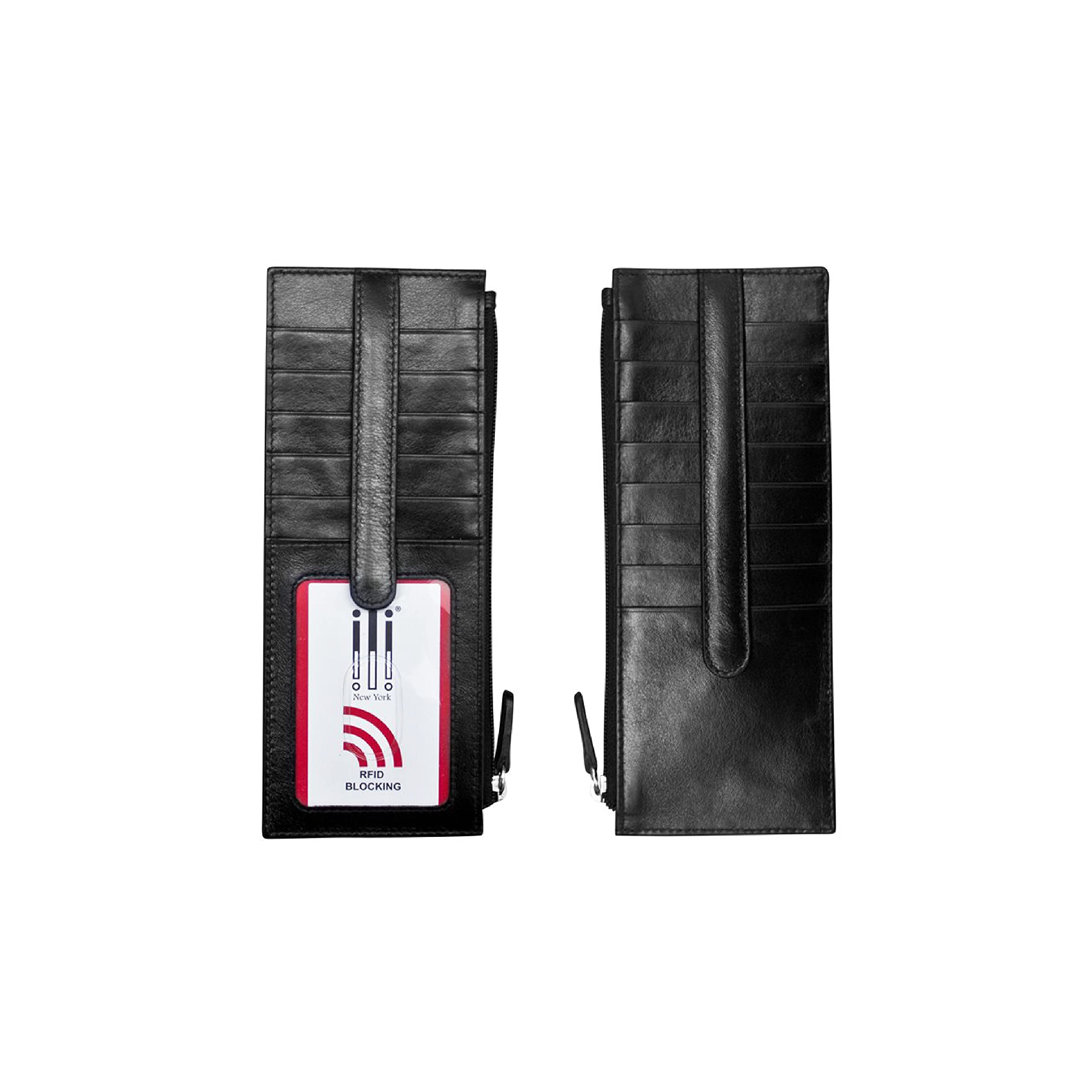 Photo 1 of ili New York Long Double Sided Slim Wallet, RFID Blocking Card Holder with ID Window and Side Zip Pocket for Men and Women, Black