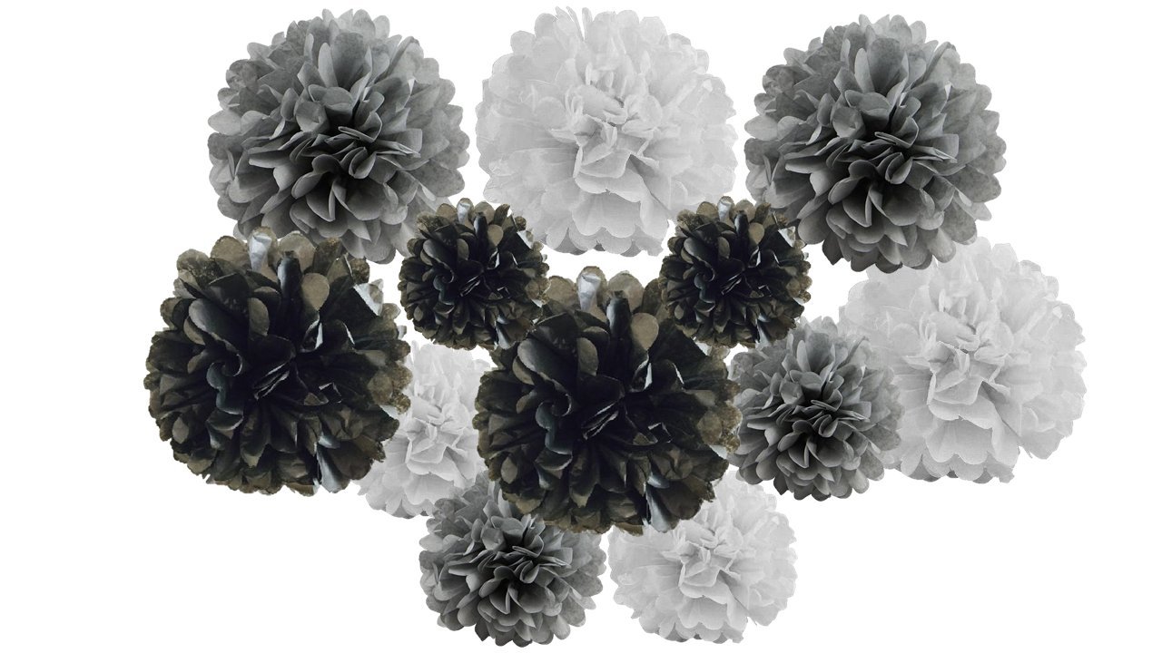 pack of 12 Pack Mixed Tissue Paper Pompom Pom Pom Hanging Garland Wedding Party Decorations (Black Shade, mix 8" & 10" (20 cm & 25 cm))