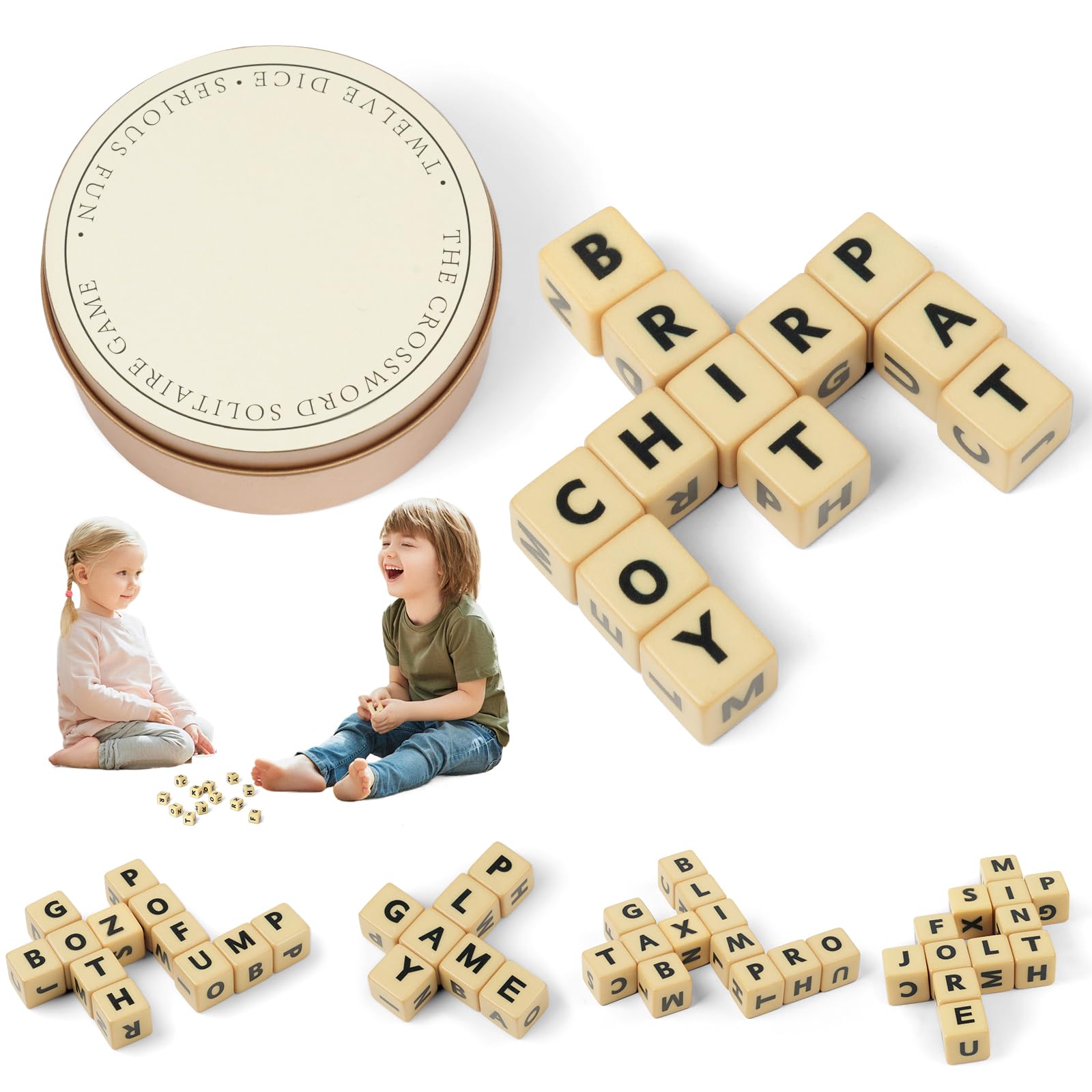 Vicloon Crossword Solitaire Game, Fun Word Combination Game, Crossword Solitaire Dice Game, Travel Scrabble Letter Tiles with 12 Dices, Educational Scrabble Letter Tiles