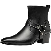 BEMNRVT Men's Harness Boot Cowboy Chelsea High Heel | Chunky Heel, Strap, Side Zipper, Breathable Mesh Lining, Outfit, Punk Party Concert Date
