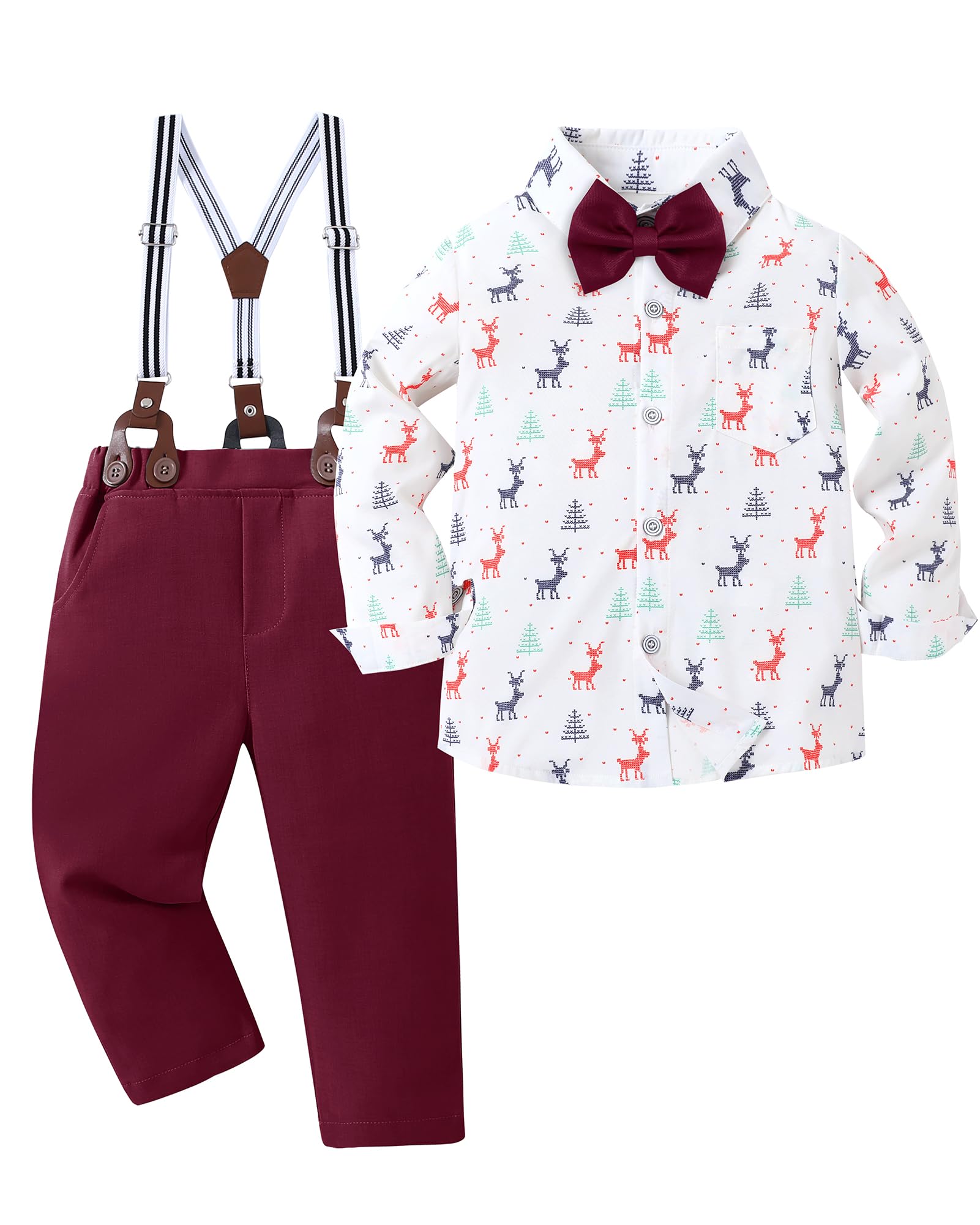 View 1 of ***JUST SHIRT*** YALLET Toddler Boy Christmas Clothes Suit, Formal Dress Shirt with Bowtie+Suspender Pants Boy Gentleman Wedding Outfits (White, 4-5T)