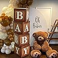 Wood Grain Printing Baby Shower Display Boxes Party Decorations, Neutral Gender Reveal Party Backdrop, Brown Teddy Bear Baby Stacking Blocks Backdrop with Letters for Boy Girl Birthday Party