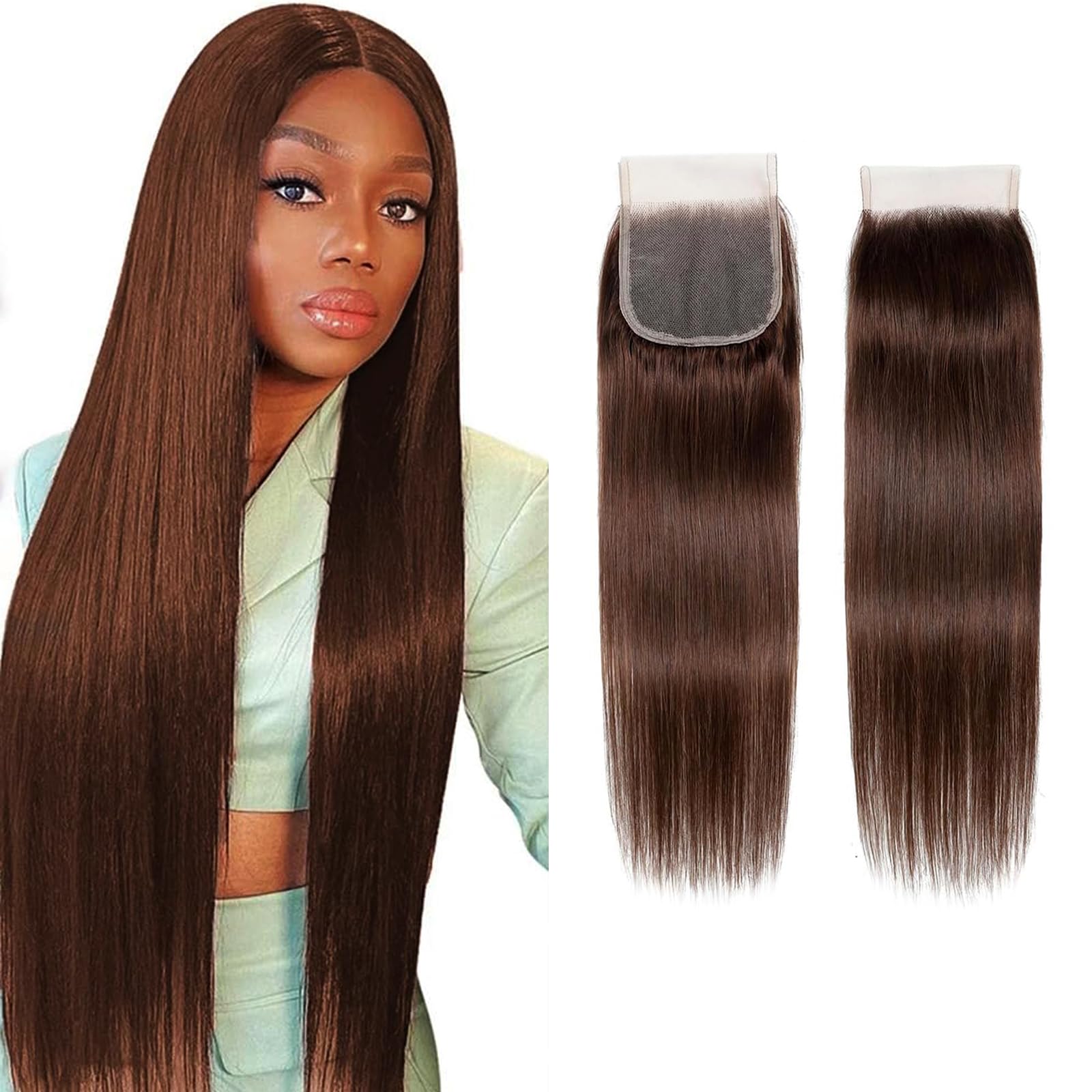 Brown Closure 4x4 Free Part Chocolate Brown 4# Straight Closure Brazilian Human Hair Extensions Preplucked Bleached Knots Sew In For Women 10 Inch