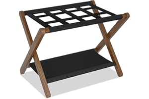 Heybly Luggage Rack, Folding Suitcase Stand with Storage Shelf, Luggage Holder with 5 Nylon Straps for Guest Room Bedroom Hotel, Walnut HLR010WB1